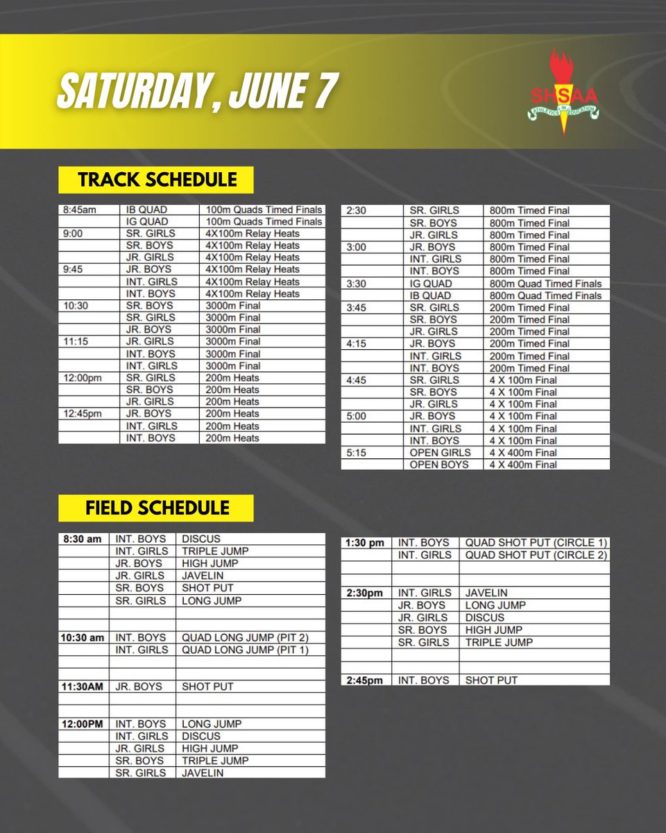 2025 SHSAA Provincial Track &amp; Field Championships

🗓 June 6 &amp; 7, 2025
📍 Gutheridge Field – Moose Jaw
🏃‍♀️1,471 athletes
🏫 235 schools

Information and results can be found at shsaa.ca