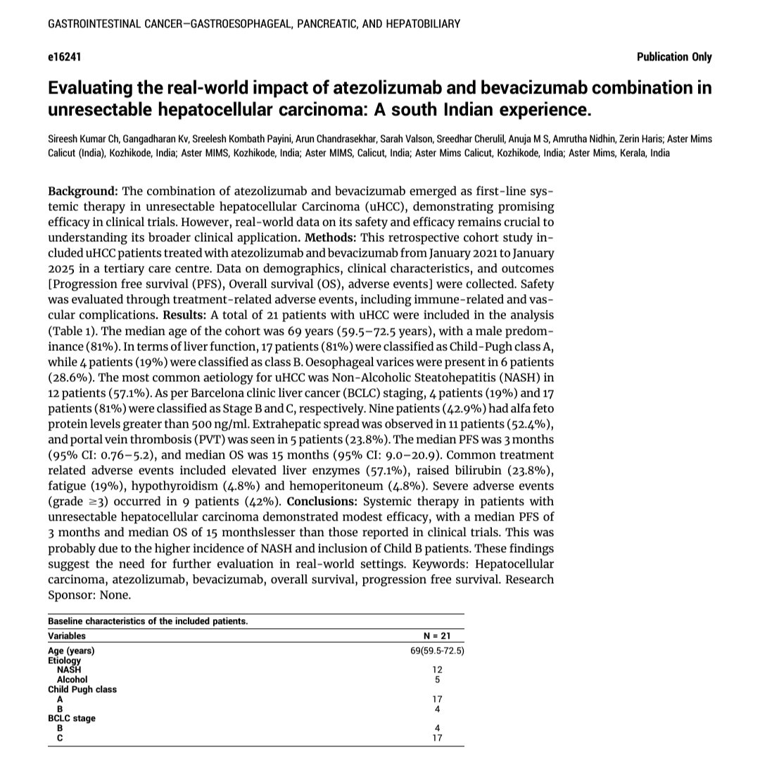 🎓 Proud moment from #AsterMIMS!

Two of our studies by final-year residents were published online at #ASCO25:

🧬 NSCLC study led by Dr. Sreedhar Cherulli highlights disparity in access to targeted therapy despite widespread NGS testing.

🩸 HCC study led by Dr. Sireesh Kumar Ch
