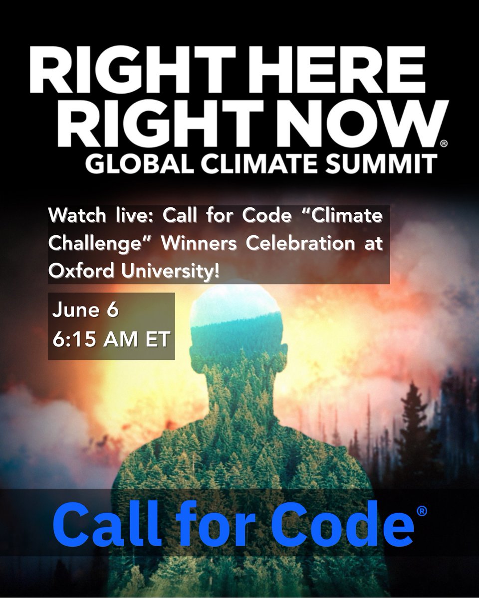 Call for Code (@callforcode) on Twitter photo Friday, <a href="/UniofOxford/">University of Oxford</a> & <a href="/UNHumanRights/">UN Human Rights</a> host the 2025 <a href="/rhrn_climate/">RIGHT HERE RIGHT NOW CLIMATE</a> Global Summit—uniting leaders, technologists, & artists for climate justice through human rights. 🌍
Hackathon for Progress winners revealed this Friday!
📺 Tune in June 6, 6:15 AM ET: bit.ly/3Zg3DGC
<a href="/IBM/">IBM</a> Friday, <a href="/UniofOxford/">University of Oxford</a> & <a href="/UNHumanRights/">UN Human Rights</a> host the 2025 <a href="/rhrn_climate/">RIGHT HERE RIGHT NOW CLIMATE</a> Global Summit—uniting leaders, technologists, & artists for climate justice through human rights. 🌍
Hackathon for Progress winners revealed this Friday!
📺 Tune in June 6, 6:15 AM ET: bit.ly/3Zg3DGC
<a href="/IBM/">IBM</a>