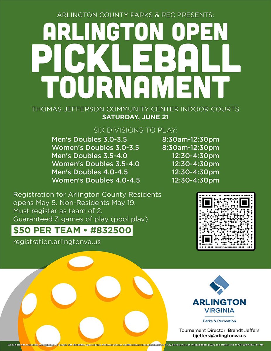 Registration Closes June 8 for the Arlington Open Pickleball Tournament!  

Think you've got what it takes to bring home the gold? Join us on Sat., June 21 for a day of fast-paced rallies, fierce competition, &amp; community fun! 

Register: bit.ly/4knpjIM
#arlingtonva