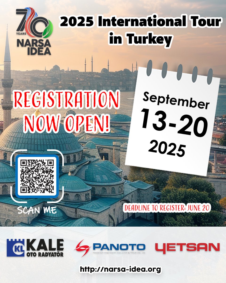 📣 REGISTRATION NOW OPEN:📣

NARSA's next International Tour will take members to Turkey 🇹🇷 September 13-20 as we visit 3 companies: Kale Oto, Panoto, and Yetsan.

Register Here until June 20: members.narsa.org/members/evr/re…
