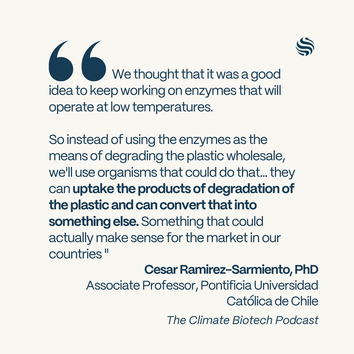 Homeworld Collective (@homeworldbio) on Twitter photo Plastic → perfume?
On the new Climate Biotech Podcast, <a href="/cxarramirez/">Cesar Ramirez-Sarmiento @cesarramirez.bsky.social</a> shares how his lab uses Antarctic enzymes to break down plastic at low temps and turn it into high value products, like fragrances, that actually fit Latin America's market needs.
🎧 podcasts.apple.com/us/podcast/the… Plastic → perfume?
On the new Climate Biotech Podcast, <a href="/cxarramirez/">Cesar Ramirez-Sarmiento @cesarramirez.bsky.social</a> shares how his lab uses Antarctic enzymes to break down plastic at low temps and turn it into high value products, like fragrances, that actually fit Latin America's market needs.
🎧 podcasts.apple.com/us/podcast/the…