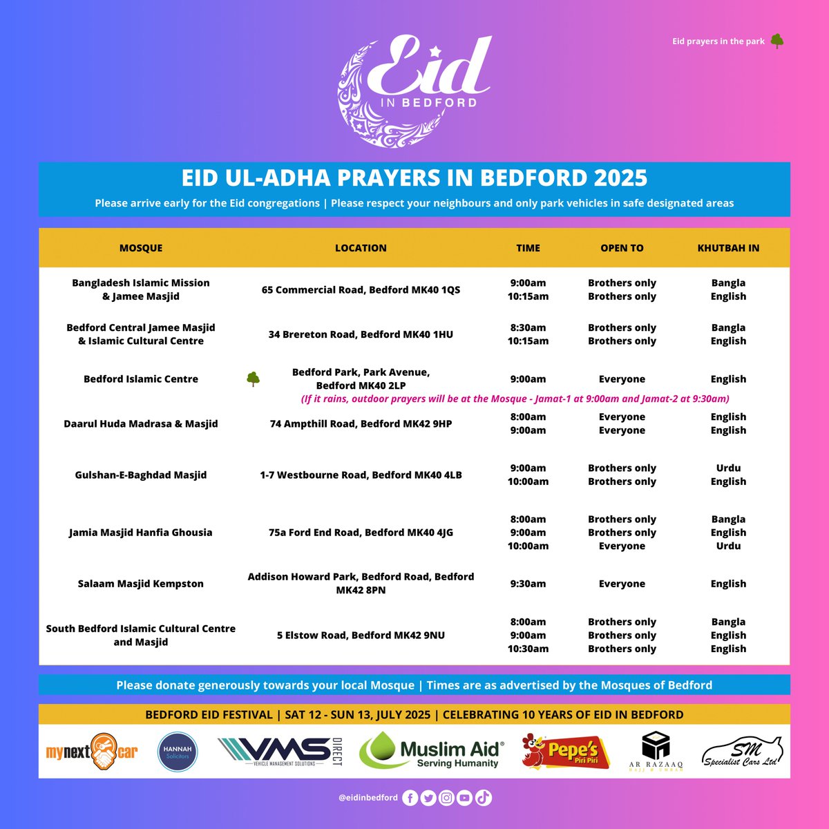 Eid ul-Adha 2025 prayer times in Bedford. May Allah accept everyone's worship during the best of days, Aameen. #EidMubarak! 💚