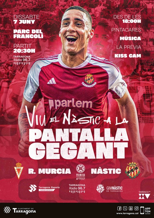 ESPORTS | ⚽  Tot a punt per veure a la pantalla gegant, aquest dissabte 7 de juny, el partit de tornada de la fase d'ascens entre el @nastictarragona i el Real Murcia.

👉 Al Parc Francolí, començarà la festa a les 18 hores amb actuacions musicals i una fan zone.

ℹ️