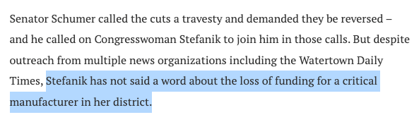 NEW: Elise Stefanik "has not said a word about the loss of funding for a critical manufacturer in her district" as Trump cuts $22 million in funding for a Kraft plant in Lowville.

New Yorkers deserve a leader who will fight for them instead of bending the knee to Trump at every