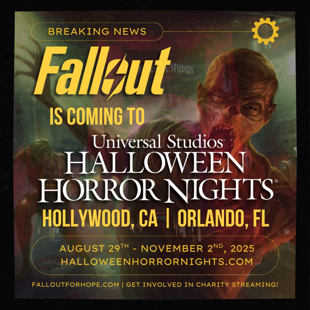 BREAKING!
The secret is out! @fallout is coming to Universal Studios Halloween Horror Nights!

Opening to the public August 29th through November 2nd, experience the very first Fallout horror experience. Inspired by <a href="/falloutonprime/">FALLOUT⚡️</a> 

#Fallout #Fallout76 #Fallout4 #Fallout3