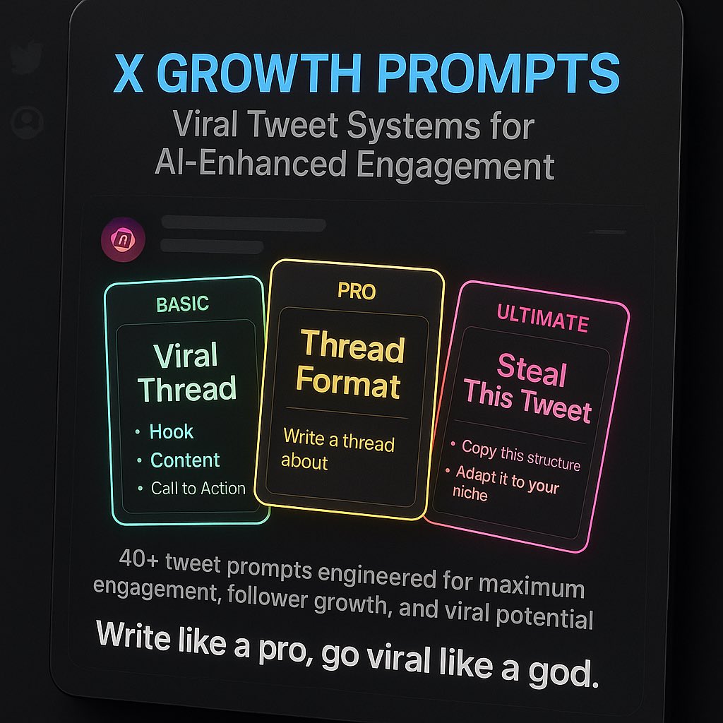codemintai's tweet image. Stop tweeting like a nobody.
Start growing like a f*cking machine.
🧠 X GROWTH PROMPTS just dropped.
40+ viral-ready tweet templates.
Built to explode your reach.
If you’re serious about X →
👉 codemint.gumroad.com/l/xgrowth
Don’t post another mid tweet again.