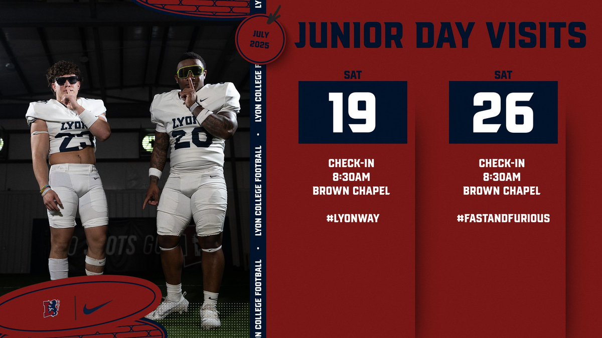 🚨Class of 2026🚨
This is your chance to get on campus, meet the staff, and see what makes Lyon Football different.
Junior Day is where the journey begins.
#LyonWay #FastandFurious
📲 linktr.ee/lyonfbvisits