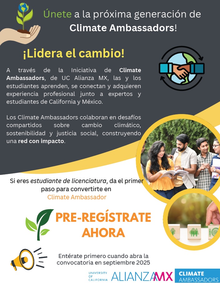UC_AlianzaMX's tweet image. 🌿 ¡Prepárate para ser parte del cambio!

UC Alianza MX abre el pre-registro para la nueva generación de #ClimateAmbassadors 🌎

La iniciativa busca formar una red activa de jóvenes líderes comprometidos con un futuro más justo y sostenible.

🔗forms.gle/ziiwhcJGgsA6o9…