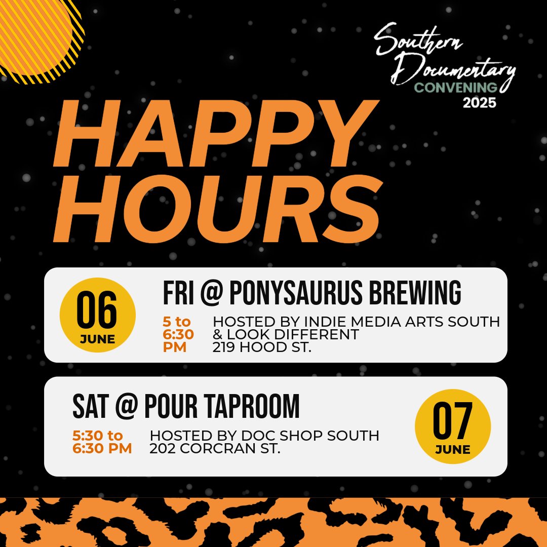 Join us for some drinks, good vibes, and great company for Happy Hour at the Southern Documentary Convening – Hosted by DocShop South! 🍻🎬 📅 When: June 7 | 5:30-6:30PM📍 Where: Pour Taproom
#DocshopSouth #SDFConvening #HappyHour #SouthernStories #FilmCommunity