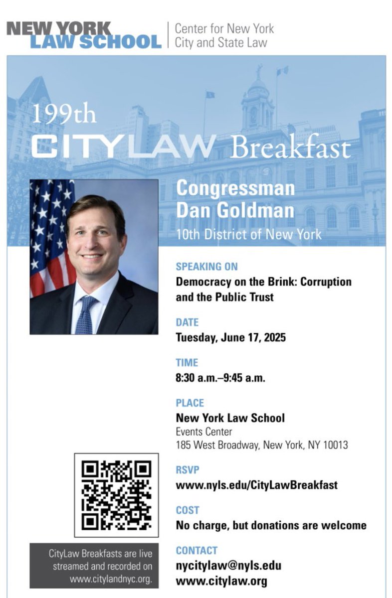 Join us June 17 <a href="/NYLawSchool/">New York Law School</a> for a CityLaw Breakfast with <a href="/RepDanGoldman/">Rep. Dan Goldman</a>
