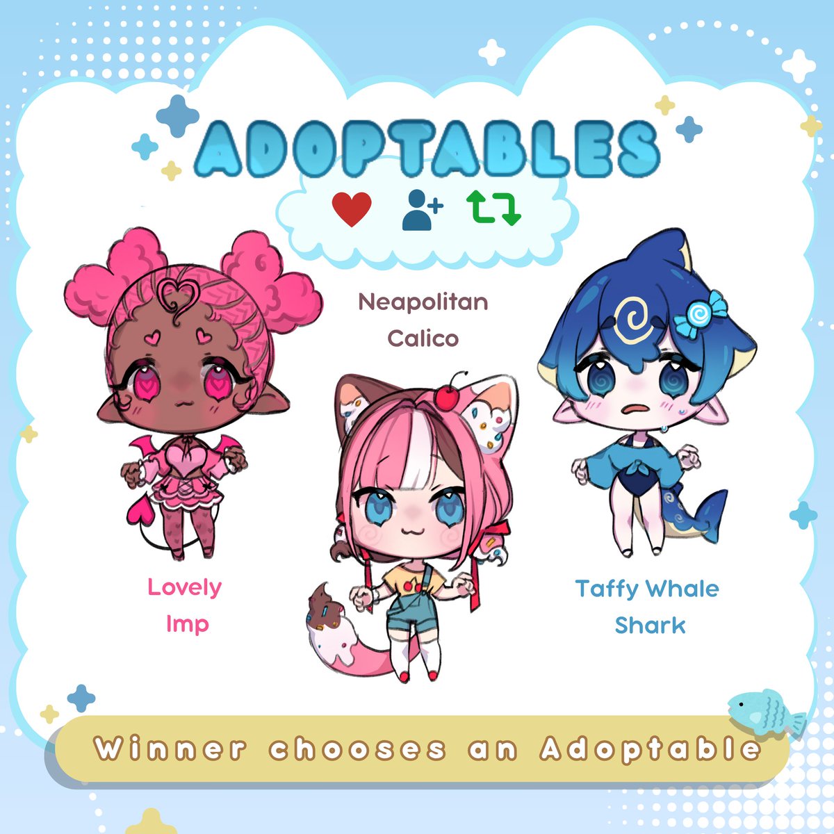 deamarii_'s tweet photo. 💙 1K FOLLOWER  RAFFLE 💙
Winner chooses a FREE Adoptable!

How to Enter ; 
- Like &amp; Retweet
- Must be following
- Comment which you would choose! (Optional)

🗓️Raffle ends on June 21st
More Details in the Comments (ㅅ´ ˘ `) https://t.co/gFOScftMMP