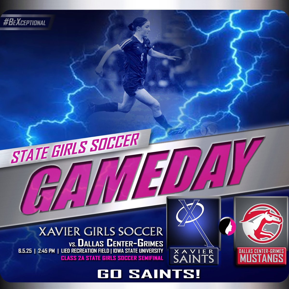 STATE SOCCER GAMEDAY! Good luck to Coach Johnson and XHS Girls Soccer as they take on Dallas Center-Grimes in the Class 2A state semifinal at Iowa State University at 2:45 PM! Livestream link: watchighsau.com/?B=2450503 GO SAINTS! #WeAreXavier #BeXceptional