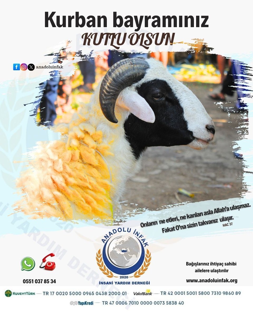 Onların ne etleri, ne kanları asla Allah'a ulaşmaz. Fakat ona sizin takvanız ulaşır. Hac 37
anadoluinfak.org
#kurbanbayramınızmübarekolsun #hayırlıbayramlar #kurban