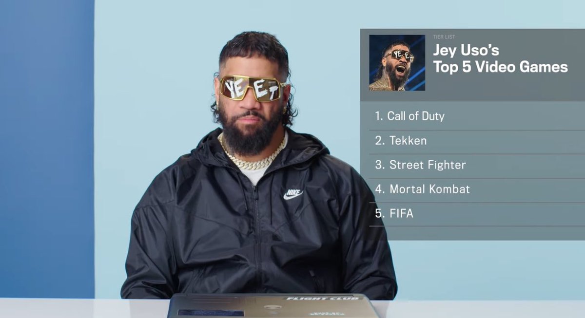 WrestleOps's tweet image. Jey Uso names his Top 5 video games of all time:

#1. Call of Duty
#2. Tekken
#3. Street Fighter
#4. Mortal Kombat
#5. FIFA

(via @GQSports)