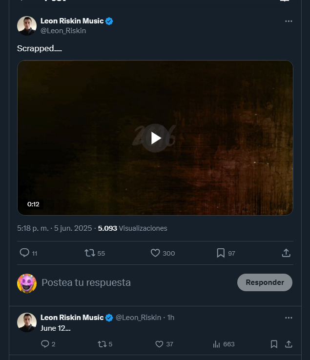 games878787's tweet photo. Noticias FNaF Música!
Leon Riskin, compositor de FNaF, nos comparte un fragmento de una pieza descartada para algo de FNaF de 2016, por el sonido parece de Sister Location, tal vez el tráiler 2 o en el juego?

También añade "12 de Junio", ese día compartirá todo y sabremos de que se trata?

#FNaF #NoticiasFNaF #FNaFNews