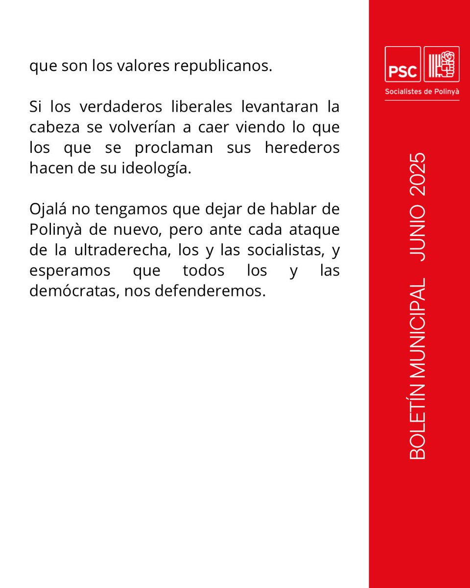 📰🗣️Article d’opinió del mes de juny de 2025 del grup municipal del #PSC en el butlletí municipal La Bomba.

“LECCIONES DE DEMOCRACIA”

#polinyà
