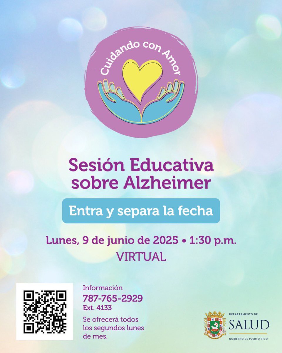 ¡Conéctate a nuestra Sesión Educativa sobre el Alzheimer!💜 En esta ocasión, hablaremos sobre la afasia y disfagia en pacientes con algún tipo de demencia.

Regístrate ahora, escanea o presiona aquí: shorturl.at/PwMwg