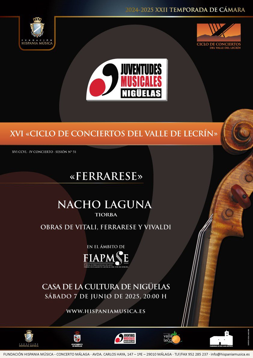 Concerto Málaga (@concertomalaga) on Twitter photo Cerramos la XVI edición de nuestro “CCVL- Ciclo de Conciertos del Valle de Lecrín” en Nigüelas (Granada).
“Ferrarese”
Obras de Vitali, Ferrarese y Vivaldi
Nacho Laguna, Tiorba
Sábado 7 de junio en la Casa de la Cultura de Nigüelas a las 20:00h
-Fundacion <a href="/HispaniaMusica/">Fundación Hispania Música</a> Cerramos la XVI edición de nuestro “CCVL- Ciclo de Conciertos del Valle de Lecrín” en Nigüelas (Granada).
“Ferrarese”
Obras de Vitali, Ferrarese y Vivaldi
Nacho Laguna, Tiorba
Sábado 7 de junio en la Casa de la Cultura de Nigüelas a las 20:00h
-Fundacion <a href="/HispaniaMusica/">Fundación Hispania Música</a>