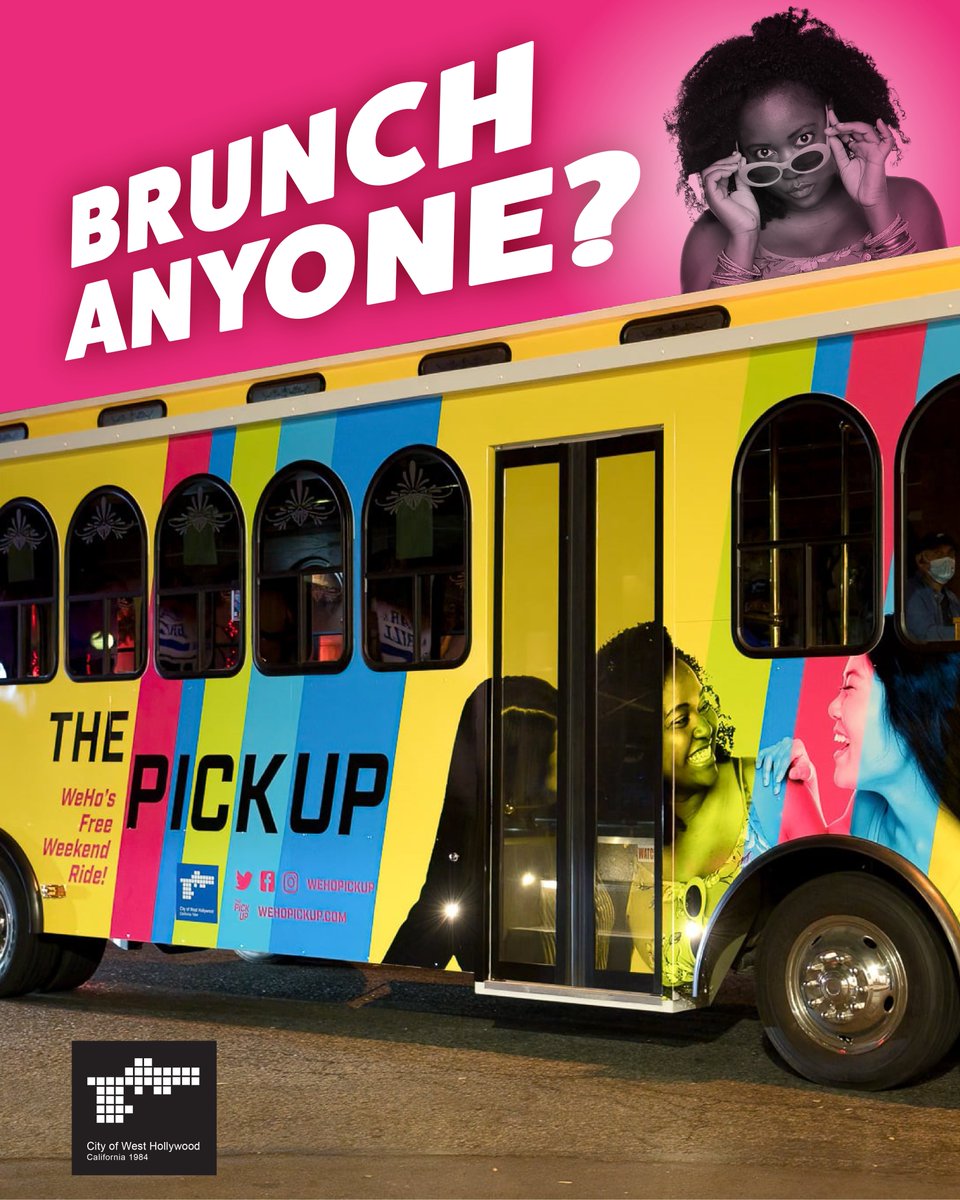 OMG who else is hungry? 😋
Take your time at brunch so you and your friends can jump on the #WeHoPickUp at 2 PM and go play!
It goes anywhere along Santa Monica Boulevard between La Brea &amp; Robertson–and it’s #FREE!

Hours of operation today:
Sun: 2 PM - 10 PM

<a href="/WeHoCity/">City of West Hollywood</a>