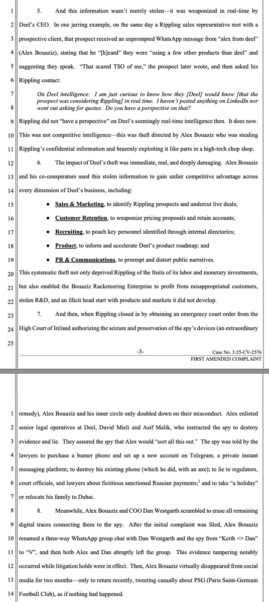 parkerconrad's tweet photo. Rippling’s amended complaint filed today alleges Deel’s founder @Bouazizalex operated a criminal syndicate that stole trade secrets from at least three other companies besides Rippling. News reports say one of them referred Deel’s conduct to U.S. law enforcement. https://t.co/vjtBaQ76zW