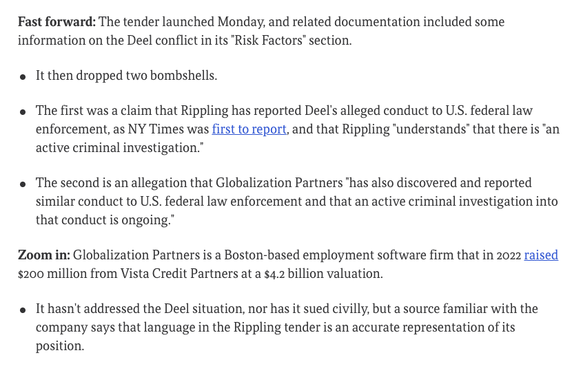 Parker Conrad (@parkerconrad) on Twitter photo Rippling’s amended complaint filed today alleges Deel’s founder <a href="/Bouazizalex/">Alex Bouaziz</a> operated a criminal syndicate that stole trade secrets from at least three other companies besides Rippling. News reports say one of them referred Deel’s conduct to U.S. law enforcement. Rippling’s amended complaint filed today alleges Deel’s founder <a href="/Bouazizalex/">Alex Bouaziz</a> operated a criminal syndicate that stole trade secrets from at least three other companies besides Rippling. News reports say one of them referred Deel’s conduct to U.S. law enforcement.