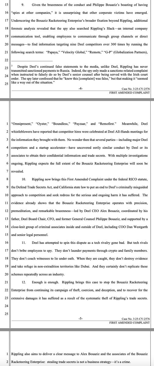 parkerconrad's tweet photo. Rippling’s amended complaint filed today alleges Deel’s founder @Bouazizalex operated a criminal syndicate that stole trade secrets from at least three other companies besides Rippling. News reports say one of them referred Deel’s conduct to U.S. law enforcement. https://t.co/vjtBaQ76zW