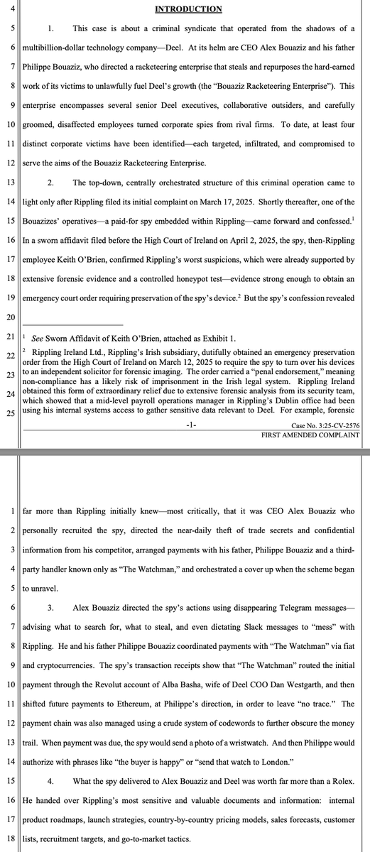 parkerconrad's tweet photo. Rippling’s amended complaint filed today alleges Deel’s founder @Bouazizalex operated a criminal syndicate that stole trade secrets from at least three other companies besides Rippling. News reports say one of them referred Deel’s conduct to U.S. law enforcement. https://t.co/vjtBaQ76zW