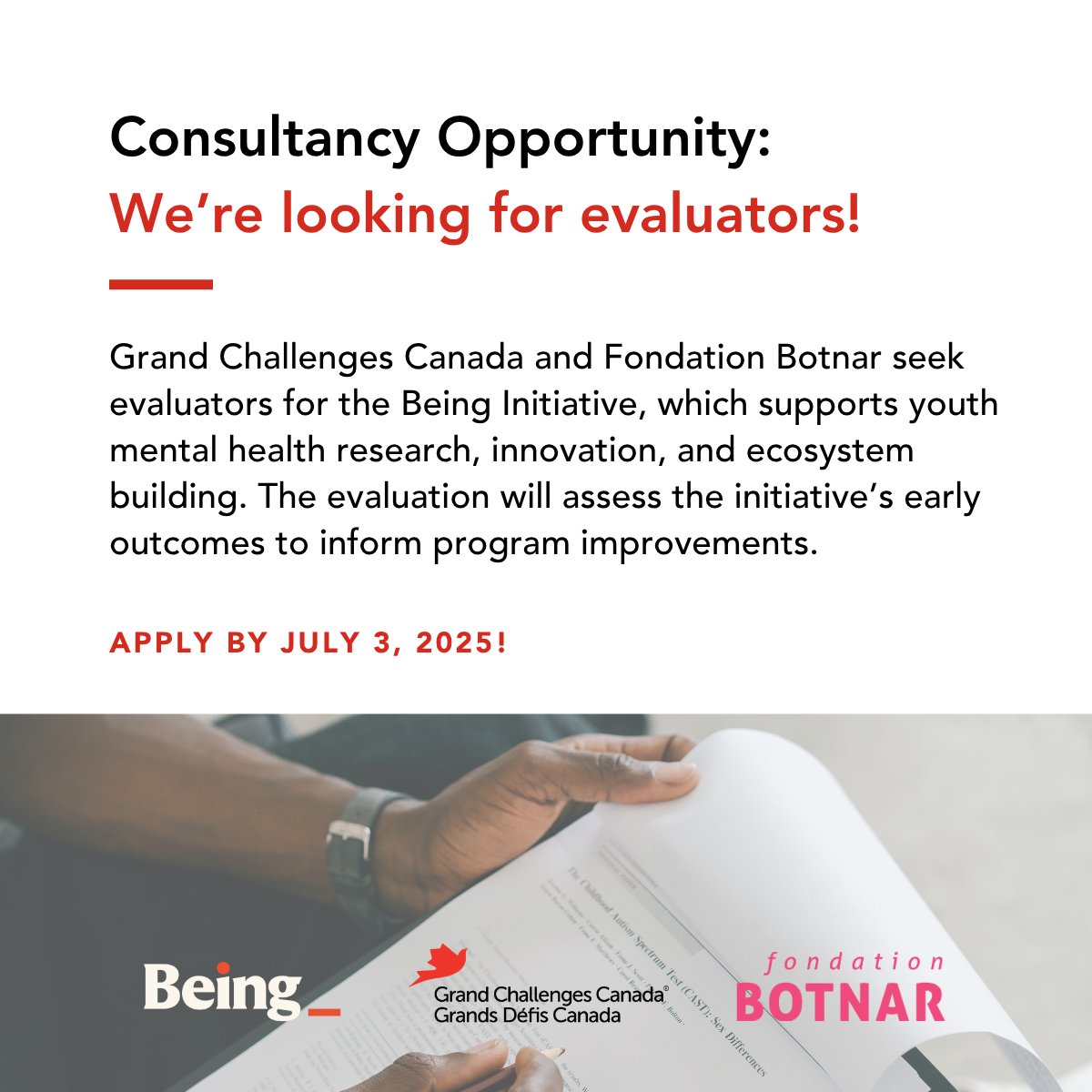 Grand Challenges Canada (@gchallenges) on Twitter photo GCC, in collaboration with <a href="/FondationBotnar/">Fondation Botnar</a>, is seeking evaluators to support midterm evaluation of the Being initiative, a global effort hosted by GCC focused on improving #youth mental health and #well-being. Apply now! grandchallenges.ca/about-us/caree… #consultancy #globalmentalhealth GCC, in collaboration with <a href="/FondationBotnar/">Fondation Botnar</a>, is seeking evaluators to support midterm evaluation of the Being initiative, a global effort hosted by GCC focused on improving #youth mental health and #well-being. Apply now! grandchallenges.ca/about-us/caree… #consultancy #globalmentalhealth