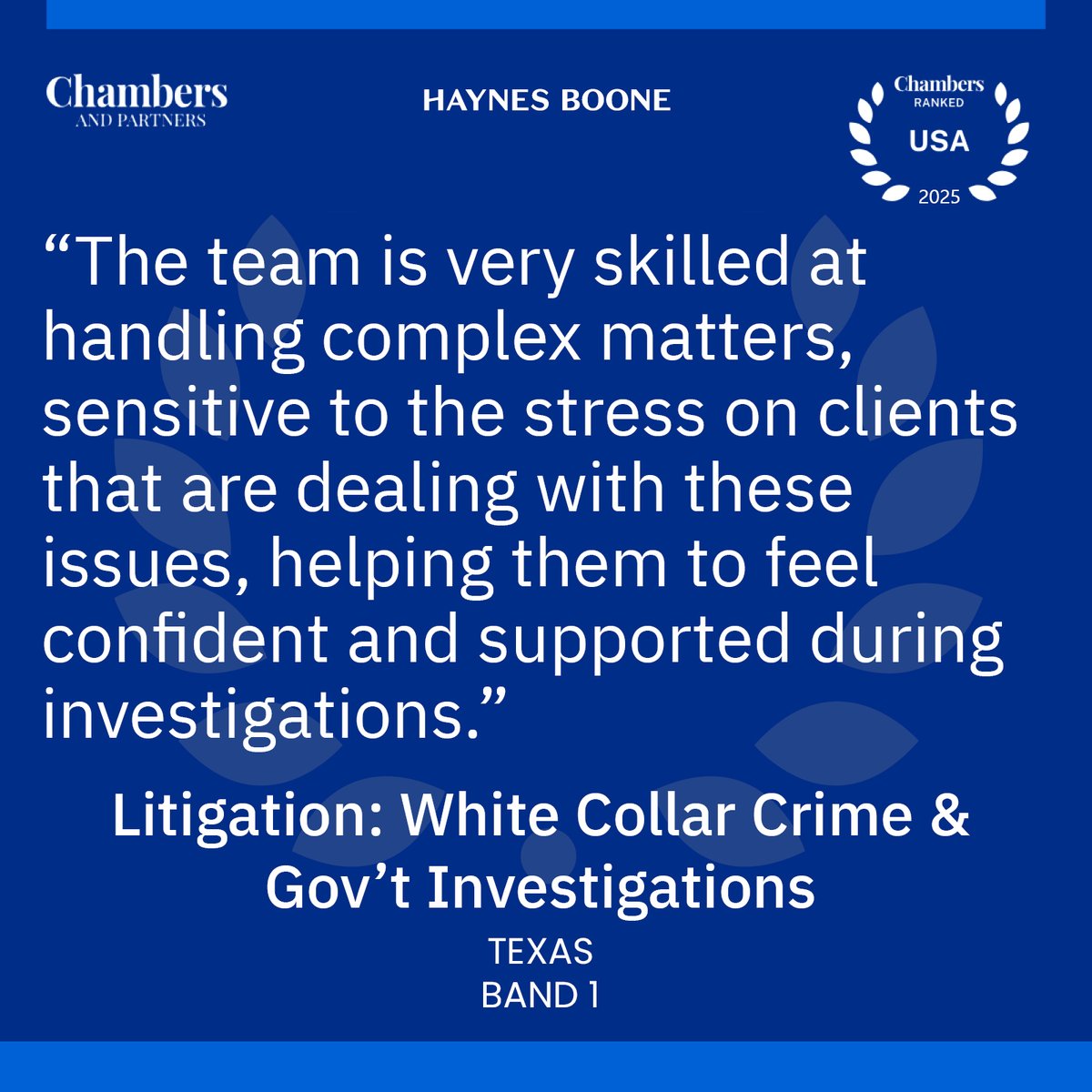 Big thank you to my clients and partners for the 2025 #Chambers recognition. Not only am I grateful for my ranking, but our section is tops in Texas for White Collar Criminal and Investigations. #HayBoo