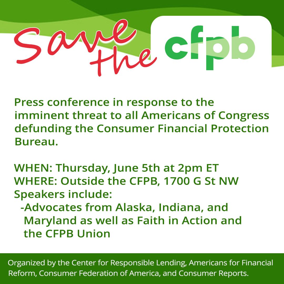 RealBankReform's tweet image. Today Consumer Financial Protection Bureau staff and state consumer advocates are holding a press conference to warn of the dangers of Congress&apos;s plans to defund the vital consumer protection agency. @CRLOnline @ConsumerFed @ConsumerReports

#HandsOff #ProtectConsumers