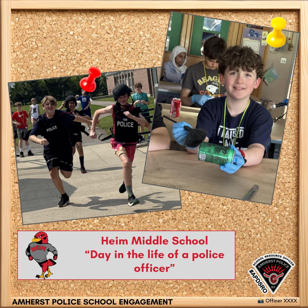 [AMHERST POLICE, NY] – SRO Aiello, Officer Solak, and Manny visited Heim Middle School for their “Day in the Life of a Police Officer” event! Students got a firsthand look at police equipment, learned about daily responsibilities, and even met our four-legged partner, Manny. 🐾