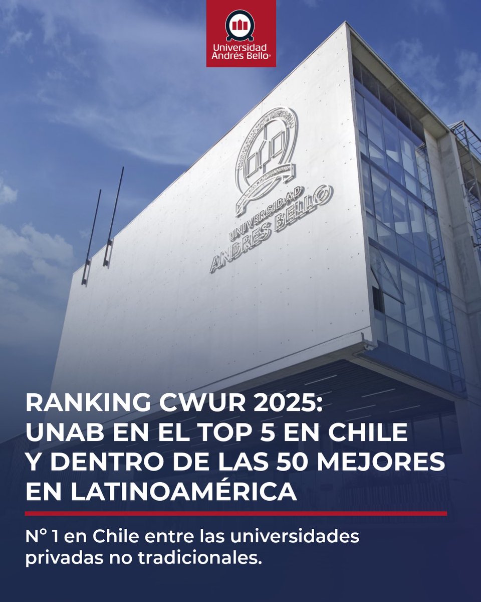 Vrid_Unab's tweet image. #OrgulloUnab 🙌 Universidad Andrés Bello en el Top 5 de universidades de Chile según el Center for World University Rankings (CWUR), una de las mediciones académicas más completas de instituciones de educación superior en el mundo 🌎 

Además, la versión 2025 del CWUR posicionó a…