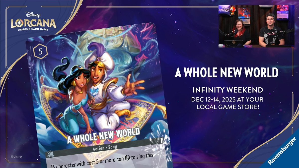 OP Stores will get 40 Non-Foil English A Whole New World Full Art Promos for Infinity Weekend tournaments.
The events will be Infinity Constructed Format.
That is the non-rotating format that includes all printed cards minus whatever ban list Infinity Constructed may have.