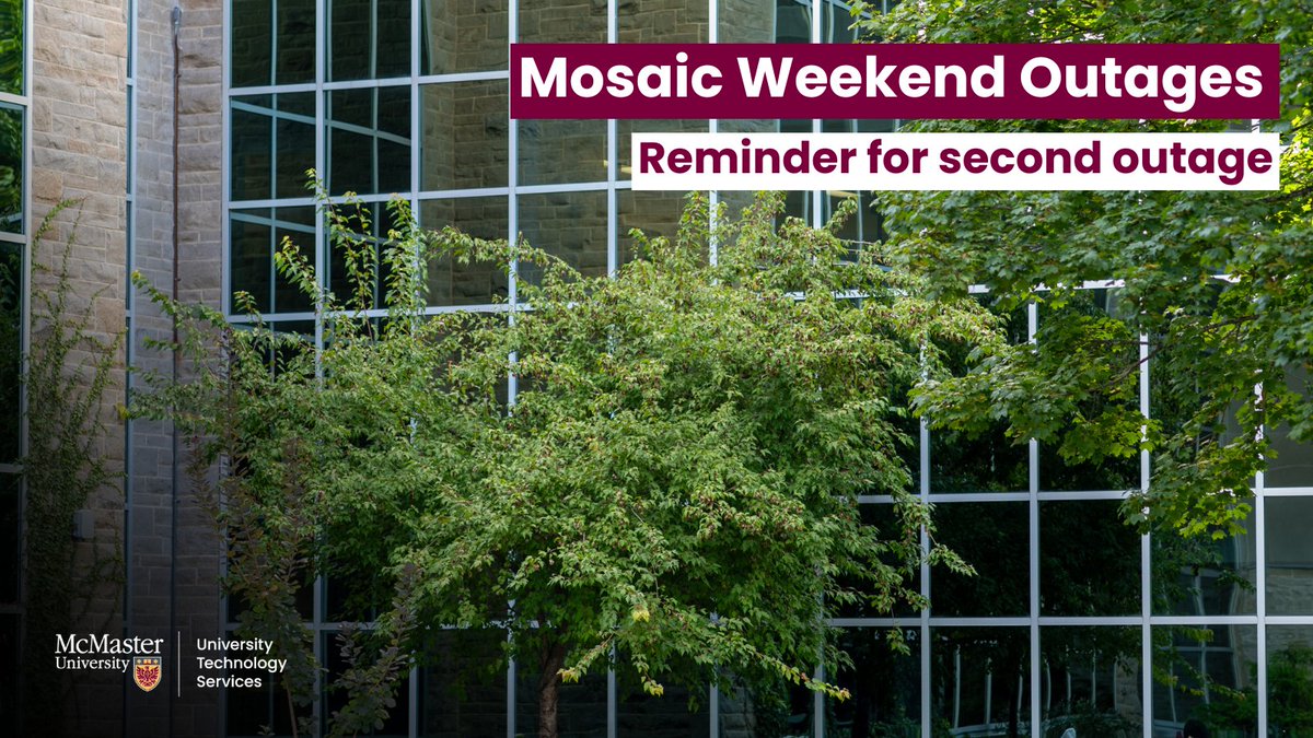 McMasterIT (@mcmasterit) on Twitter photo Hey, <a href="/McMasterU/">McMaster University</a>!
A quick reminder Mosaic services will be down and unavailable this weekend from:
Friday, June 6 @ 5:30 p.m. to Monday, June 9 @ 8 a.m.
This includes Hyperion, My Timetable, MacBuy, and more.
Read the full announcement: mcmu.ca/MosaicOutages Hey, <a href="/McMasterU/">McMaster University</a>!
A quick reminder Mosaic services will be down and unavailable this weekend from:
Friday, June 6 @ 5:30 p.m. to Monday, June 9 @ 8 a.m.
This includes Hyperion, My Timetable, MacBuy, and more.
Read the full announcement: mcmu.ca/MosaicOutages