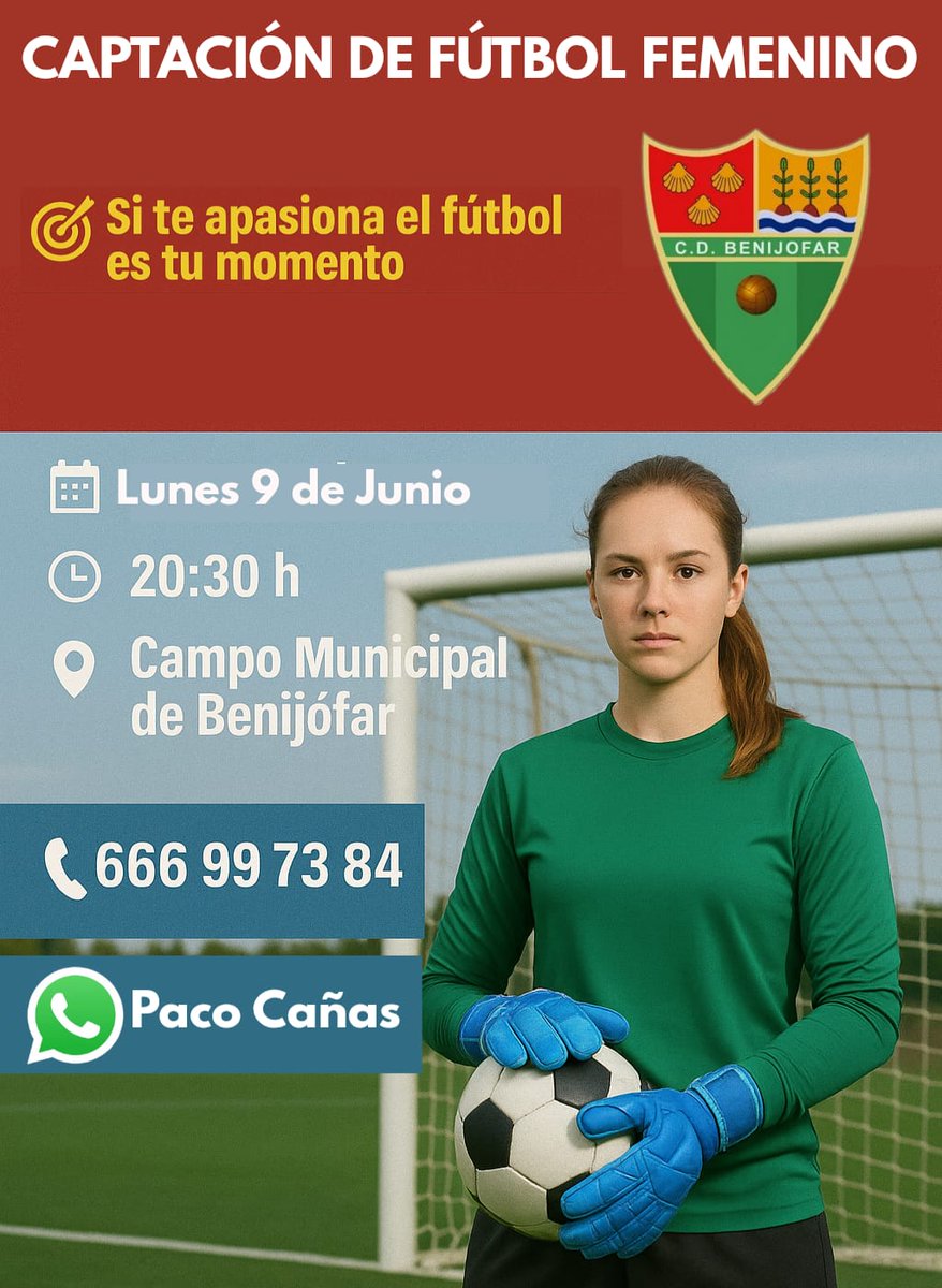 Animaros a venir el lunes al cuarto entrenamiento de captacion en el campo municipal de Benijófar 

CD Benijófar femenino

Seguimos creciendo 

Paco Cañas