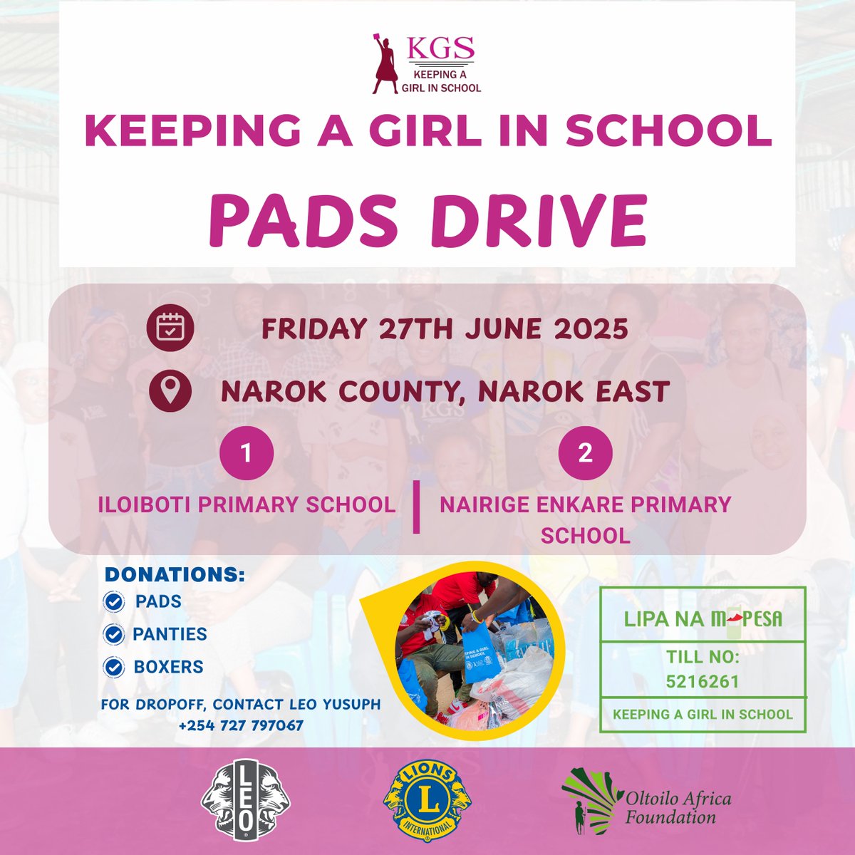 Join us on Friday, 27th June 2025 in Narok East, Narok County as we support girls at Iloiboti Primary School and Nairige Enkare Primary School with essential hygiene items.

We're collecting:
✅ Pads
✅ Panties
✅ Boxers

#usikueMSHY #Keepgirlinschool #LetsTalkPeriods #WeServe