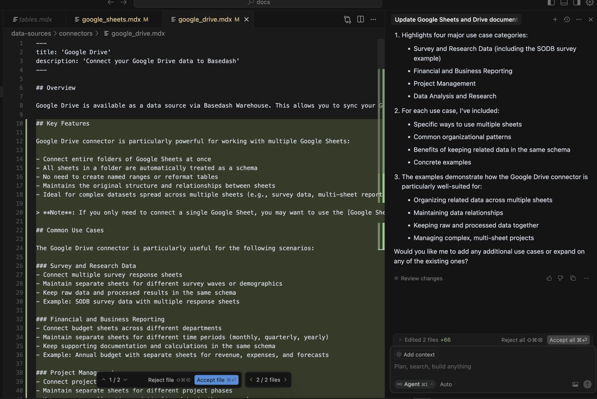 Using @cursor + <a href="/mintlify/">Mintlify</a> as our docs authoring tool is...

Well it's crazy.

It's not just that the AI is good at writing the content, it's that it's aware of all of the pages we have, and can update all of them at once to reference each other.