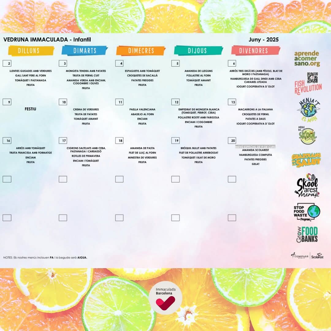 ImmaVedruna's tweet photo. MENÚ JUNY 🍽️
Consultar a la nostra web els menús del mes. Teniu el menú d’infantil, el de primària i ESO i els menús especials (intoleràncies vàries).
📝També teniu recomanacions per sopar 😋
👉🏼🔗https://t.co/dPoKVPeUx0
#curs2425
#cuidarnospercanviarelmón https://t.co/B9qAmP3FT3