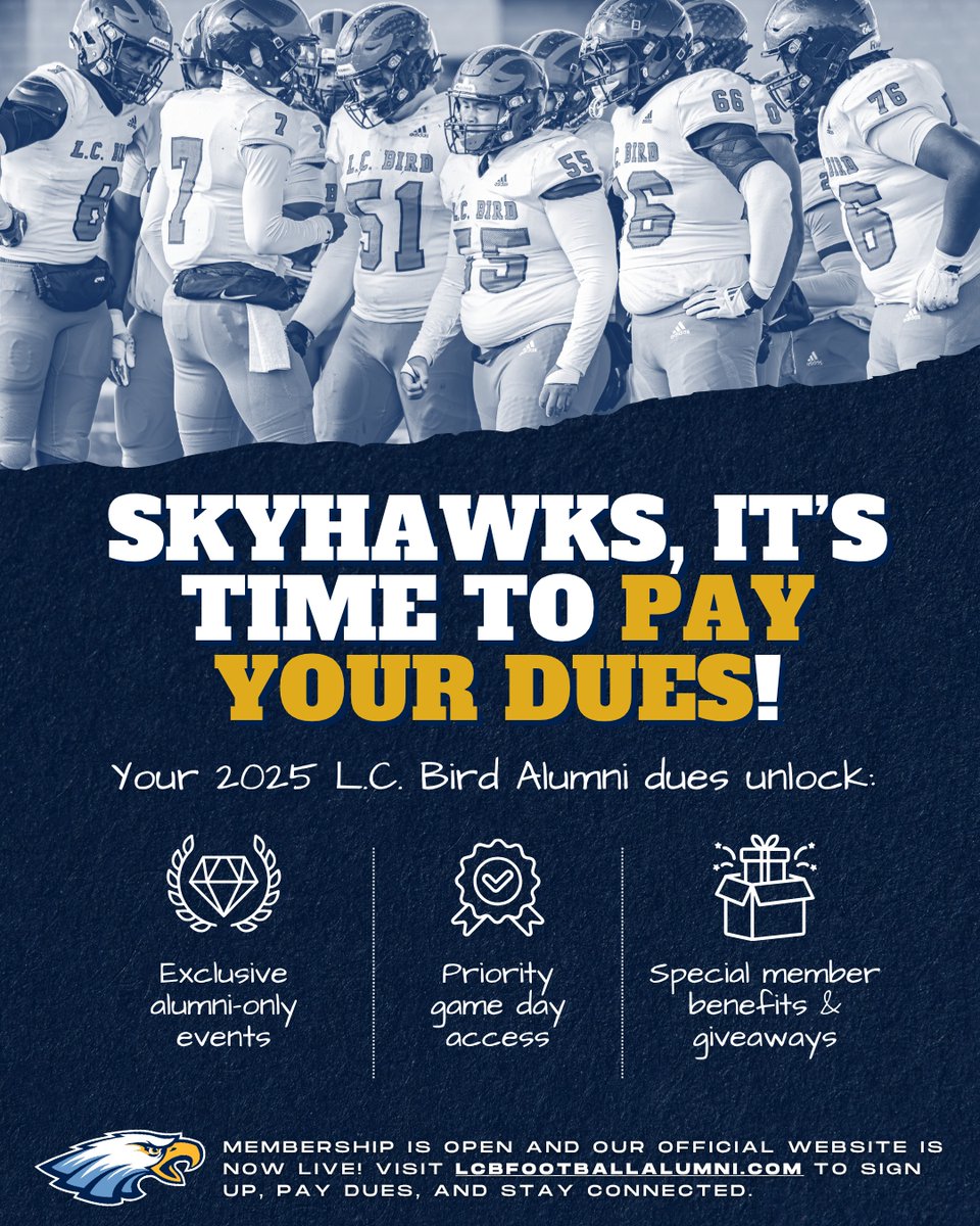 LCBfootball's tweet image. 2025 L.C. Bird Football Alumni Association registration is now open! 

Stay connected, stay proud and get ready to represent the Skyhawks all season long! 

Visit now, pay your dues!! 

🔗: lcbfootballalumni.com

#SkyhawkFootball #SFAA #LCBirdHighschool #IWoreTheJersey