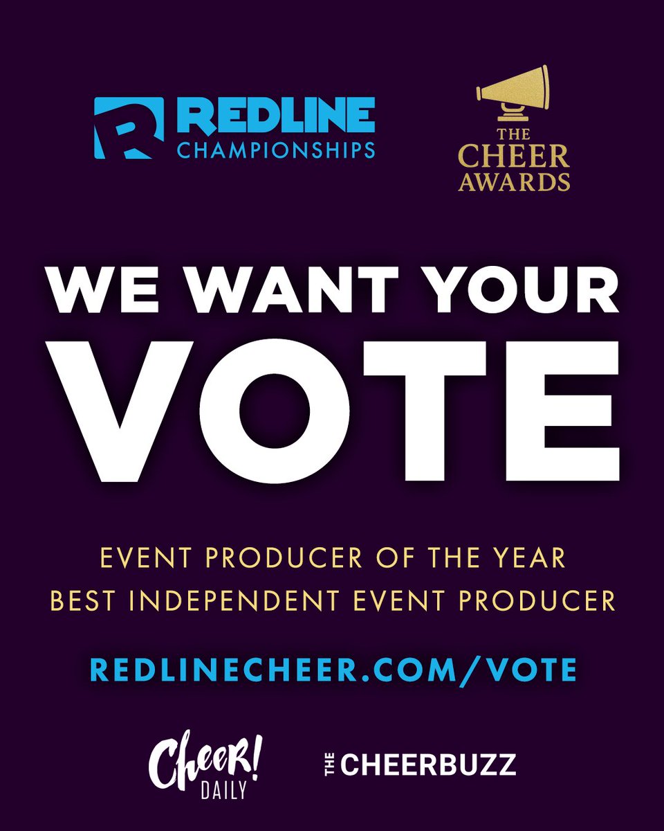 🏆 HUGE NEWS! We are absolutely HONORED to be nominated for TWO major awards at The Cheer Awards! 🏆

✨ Event Producer of the Year
✨ Best Independent Event Producer

This recognition is a direct result of YOUR support!

 Go to  redlinecheer.com/vote &amp; show your Redline love!