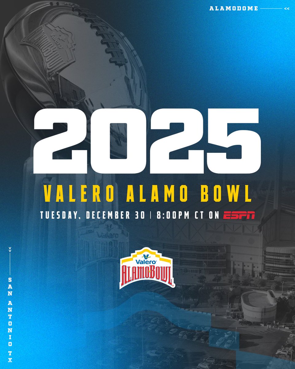 🚨𝐌𝐚𝐫𝐤 𝐘𝐨𝐮𝐫 𝐂𝐚𝐥𝐞𝐧𝐝𝐚𝐫🚨

The 2025 #ValeroAlamoBowl will be played on Tuesday, December 30 at 8:00PM CT in the Alamodome, and broadcast on ESPN.