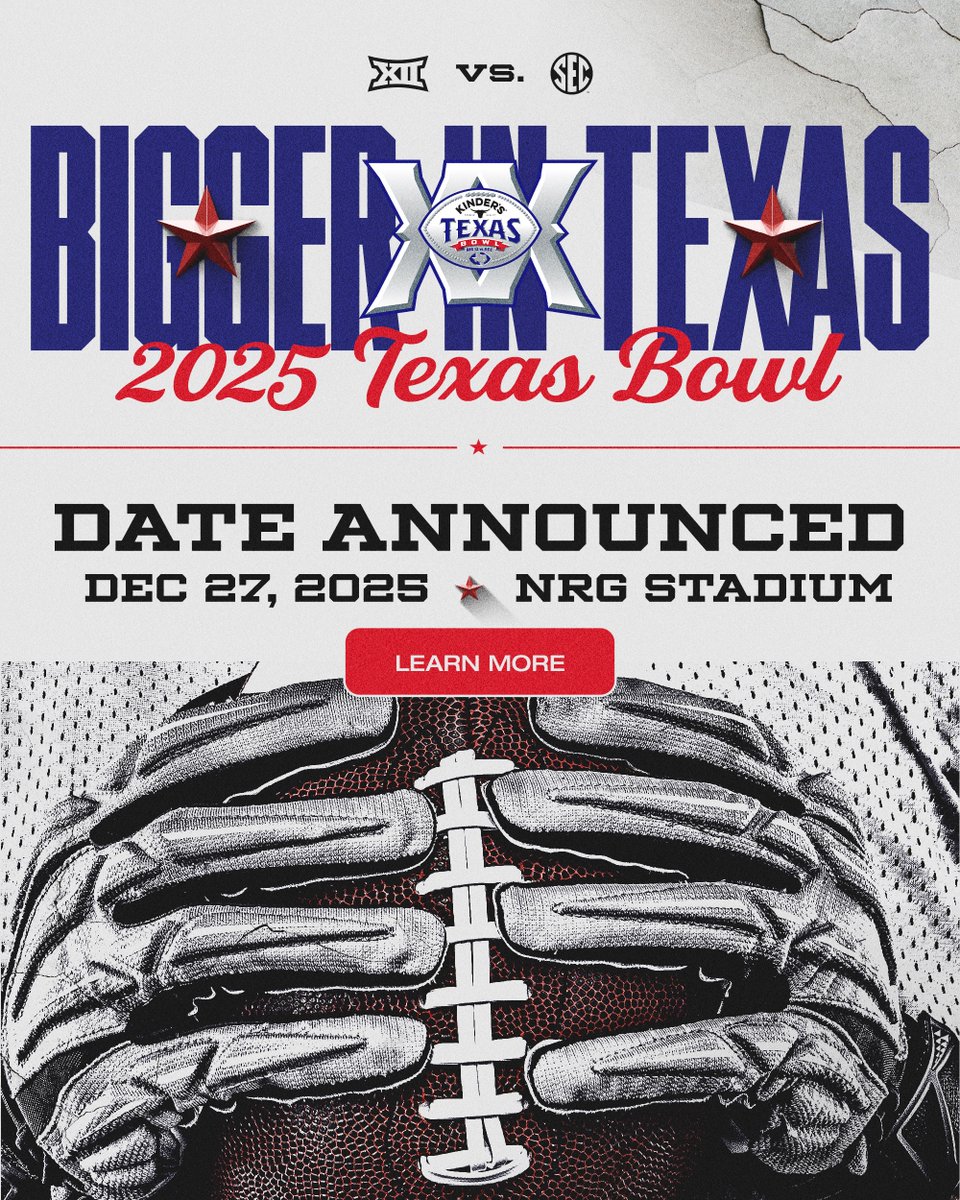 Mark your calendars 🗓️

The date for the 20th Kinder's Texas Bowl is set‼️