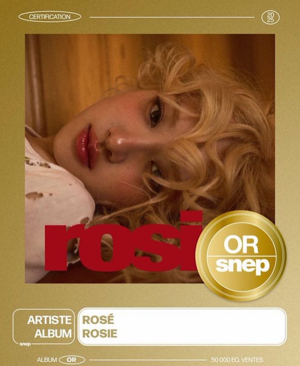 #ROSÉ becomes the first K-Pop female soloist in history to earn a Gold certification in France, surpassing 50,000 album sales.