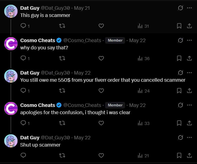 LamSpyrou's tweet photo. 🚨 SCAMMER ALERT 🚨

@Cosmo_Cheats just scammed me on @fiverr 

Not only me, but I have proof that he scammed MULTIPLE PEOPLE as well. 

He orders a social media manager gig, waits until there's a few days left, sends a message to the customer support, gets the order fully CANCELLED and REFUNDED without me knowing about it.

Here are the screenshots of people calling him a scammer, also the results I got from managing his account for 3 weeks. 

Let's get this guy banned on all platforms @FiverrSupport @X 

Everyone repost this post so that everyone sees this 
Everyone report him on X, his days are numbered
