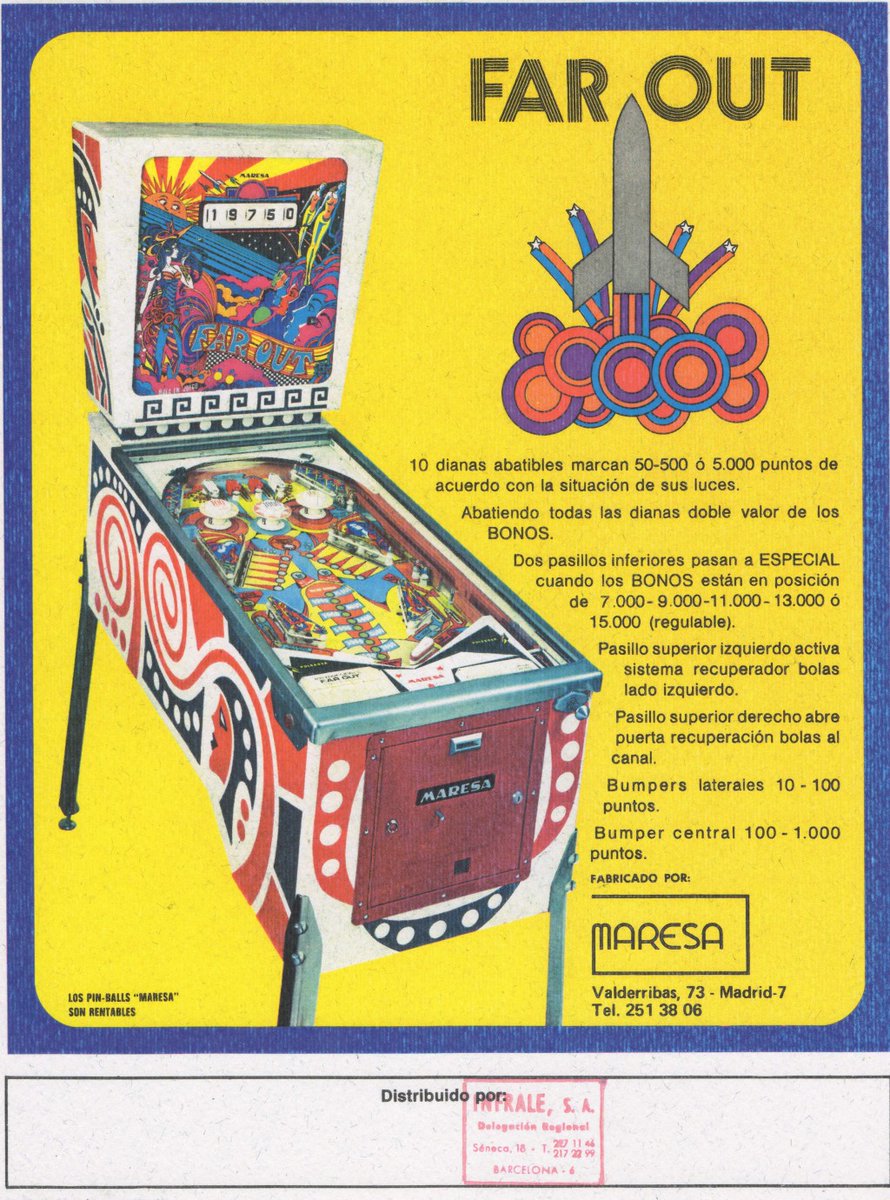 MuseoRecreativo's tweet photo. Este es el #Pinball #FarOut (#Maresa, 1975) ¡¡Tiene 50 años! !🤓
Maresa obtuvo los permisos para producir en España la copia del #FarOut de #Gottlieb de 1974. Pero en vez de 4 jugadores, este sería de 1 solo jugador y textos en español. ¿Lo conocías? Otra pieza del #Museo 😉 https://t.co/8Mjxpm2SdM