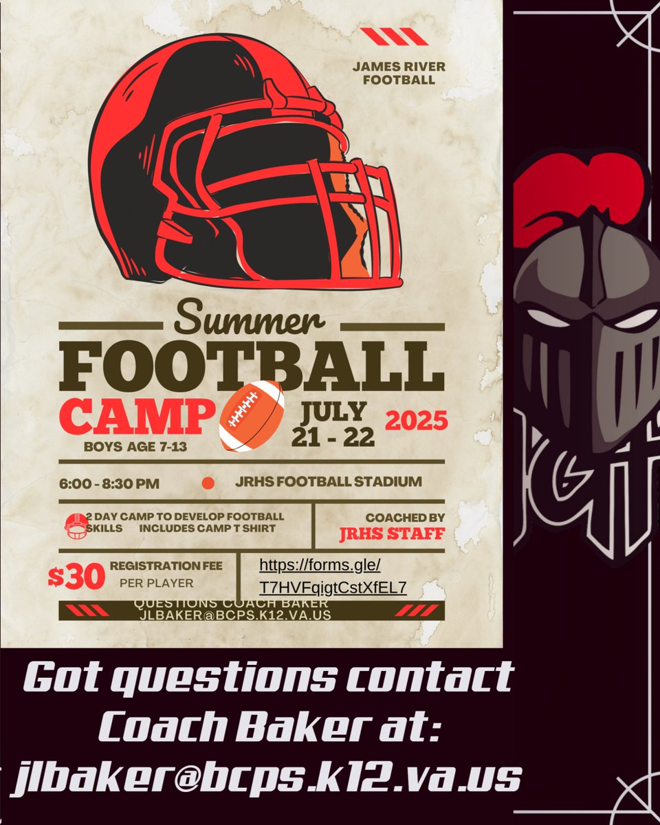 Looking to improve your skills and learn more about the game of Football. Sign up for the James River Football Camp!! You will not leave disappointed!!!