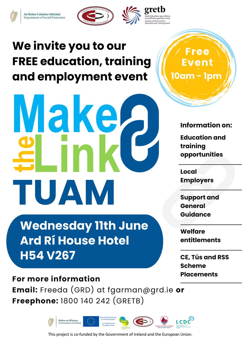 Galway Rural Development (@galwayruraldev) on Twitter photo CALLING TUAM!
GRD, <a href="/GRETBOfficial/">Galway and Roscommon ETB</a> and <a href="/welfare_ie/">Department of Social Protection</a> are hosting a 'Make the Link' information event at the <a href="/ArdRiHouseHotel/">Ard Ri House Hotel</a> on Wednesday, 11th June, 10am to 1pm. #SICAP #MaketheLink #DSP #GRETB #Tuam CALLING TUAM!
GRD, <a href="/GRETBOfficial/">Galway and Roscommon ETB</a> and <a href="/welfare_ie/">Department of Social Protection</a> are hosting a 'Make the Link' information event at the <a href="/ArdRiHouseHotel/">Ard Ri House Hotel</a> on Wednesday, 11th June, 10am to 1pm. #SICAP #MaketheLink #DSP #GRETB #Tuam