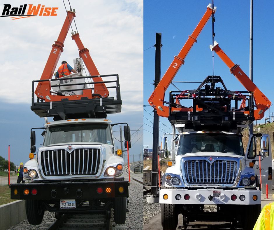 railwiseusa's tweet photo. HiRail Wire Manipulator Arms assisting a crew member during repair work!  
✅  remote control operated
✅  telescoping
✅  performs work without truck on outriggers https://t.co/lTTA7sq0Bf