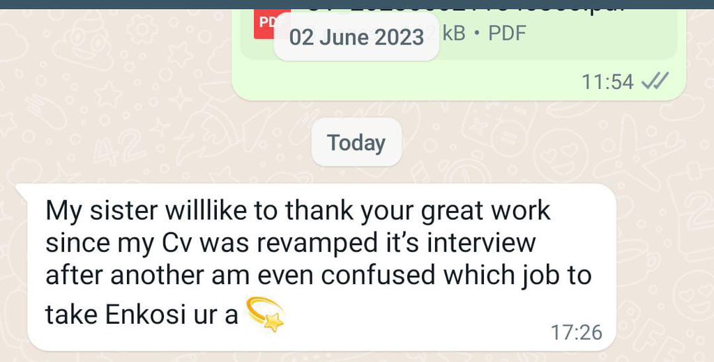 Contact Experts for Professional CV Revamp and Cover Letter at Affordable Prices.

[Services Offered]
▪️Cover Letter R60
▪️Modern Curriculum Vitae from R100
▪️Promotions R200
▪️LinkedIn Optimisation 
▪️Poster Design

Whatsapp link:📲(+27604290277)  or
DM: <a href="/ZamakonkeK/">ZamaKonke Khuzwayo</a>